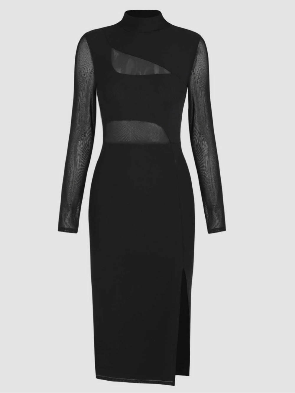 Black Long-Sleeve Mesh Midi Dress